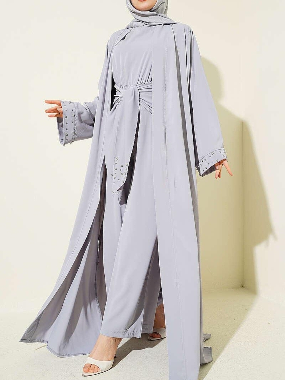 Grey 2-Piece Abaya Set Rhinestone Cuffs Belted Duster Tie Waist Jumpsuit M